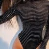 Women‘s Bodysuit Sparkly Striped Turtleneck Active Street Vacation Bodycon Long Sleeve Black S M L Spring Cold Weather