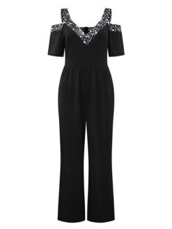 Women Party Jumpsuit Cut Out Solid Color Cold Shoulder Business Wedding Party Straight Regular Fit Short Sleeve Black S M L Spring Summer -Cheap Plus Fit Dress Store ivybuf1667790183101
