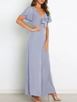 Women's Jumpsuit Ruffle Backless Solid Color V Neck Streetwear Street Daily Regular Fit Short Sleeve Green Wine Navy Blue S M L Spring / Bow -Cheap Plus Fit Dress Store iwcrva1647857554815