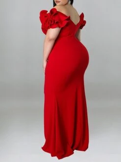 Women‘s Plus Size Curve Party Dress Solid Color V Neck Ruffle Short Sleeve Spring Summer Prom Dress Maxi Long Dress Party Back To School Dress Homecoming Dress