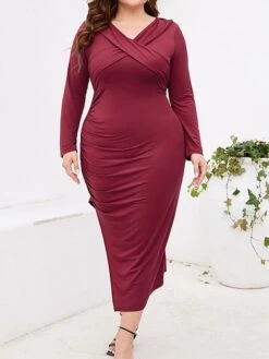 Women‘s Plus Size Curve Party Dress Cocktail Dress Bodycon Midi Dress Black Wine Purple Long Sleeve Pure Color Ruched Spring Fall Winter V Neck Fashion Winter Dress Birthday Wedding Guest 2023 -Cheap Plus Fit Dress Store iwrgyn1691464076545