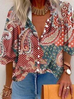 Women's Shirt Blouse Red Blue Purple Paisley Button Print Long Sleeve Casual Fashion Standing Collar Regular Fit Spring &Fall