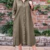 Women's Plus Size Curve Shirt Dress Casual Dress Solid Color Long Dress Maxi Dress Long Sleeve Button Pocket Shirt Collar Basic Outdoor ArmyGreen Navy Blue Fall Winter L XL XXL 3XL 4XL