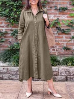 Women's Plus Size Curve Shirt Dress Casual Dress Solid Color Long Dress Maxi Dress Long Sleeve Button Pocket Shirt Collar Basic Outdoor ArmyGreen Navy Blue Fall Winter L XL XXL 3XL 4XL