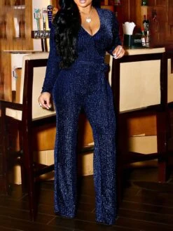 Women's Jumpsuit Sequin Solid Color V Neck Active Party Prom Regular Fit Long Sleeve Silver Copper Gold Black S M L Fall