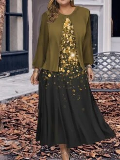 Women's Plus Size Two Piece Dress Set Casual Dress Swing Dress Outdoor Office Fashion Streetwear Print Midi Dress Crew Neck Long Sleeve Ombre Regular Fit Wine Navy Blue Blue Fall Winter L XL XXL 3XL -Cheap Plus Fit Dress Store iydhgs1697785917894