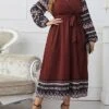 Women's Plus Size Party Dress Wedding Guest Dress Empire Waist Dresses Long Dress Maxi Dress Brown Long Sleeve Geometric Patchwork Spring Fall Winter V Neck Fashion Winter Dress Evening Party Wedding