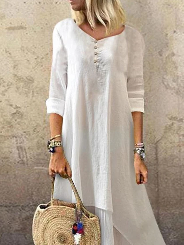 Women's Cotton Linen Dress Casual Dress Swing Dress Maxi Long Dress Cotton Blend Basic Casual Outdoor Daily V Neck Ruched Layered Half Sleeve Summer Spring Fall 2023 Loose Fit White Plain S M L XL 2XL 2 Women's Cotton Linen Dress Casual Dress Swing Dress Maxi Long Dress Cotton Blend Basic Casual Outdoor Daily V Neck Ruched Layered Half Sleeve Summer Spring Fall 2023 Loose Fit White Plain S M L XL 2XL - Image 2