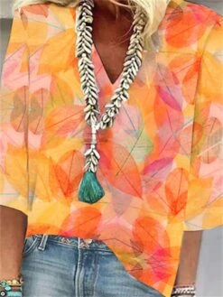 Women's Shirt Blouse Orange Leaf Print 3/4 Length Sleeve Casual Holiday Basic V Neck Regular Fit Floral -Cheap Plus Fit Dress Store iyztgt1681467872635