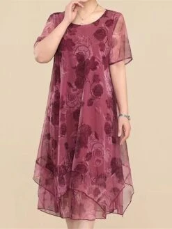 Women's Plus Size Party Dress Cocktail Dress Wedding Guest Dress Midi Dress Wine Blue Short Sleeve Floral Mesh Summer Spring Fall Crew Neck Fashion Wedding Guest Vacation Summer Dress 2023 L XL XXL -Cheap Plus Fit Dress Store izjkyw1690176957633