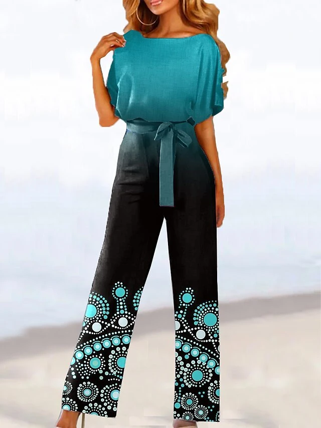 Women's Party Jumpsuit Drawstring Print Print Crew Neck Ordinary Daily Vacation Straight Loose Fit Short Sleeve T-shirt Sleeve Blue Purple Orange S M L All Seasons 2 Women's Party Jumpsuit Drawstring Print Print Crew Neck Ordinary Daily Vacation Straight Loose Fit Short Sleeve T-shirt Sleeve Blue Purple Orange S M L All Seasons - Image 2