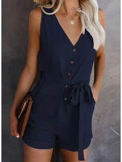 Women's Jumpsuits Patch Pocket Casual Summer Romper Solid Color Basic Holiday Daily Wear Regular Fit Sleeveless Wine Blue White S M L Spring -Cheap Plus Fit Dress Store japdwl1618303589948 1