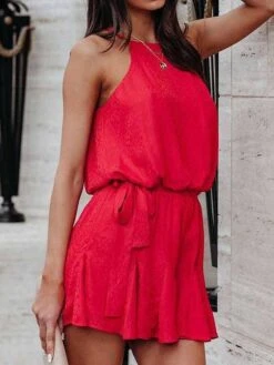 Women's Romper Ruffle Solid Color Halter Holiday Street Daily Regular Fit Sleeveless Black Red Apricot S M L Summer -Cheap Plus Fit Dress Store jaxmlf1678857276639