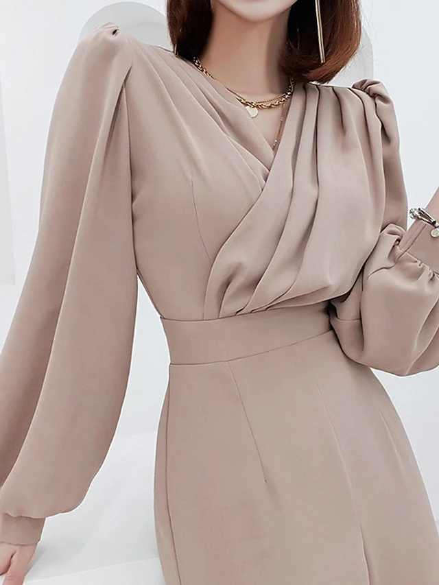 Women's Jumpsuit Patchwork Solid Color V Neck Streetwear Office Work Wide Leg Regular Fit Long Sleeve Black Khaki S M L Fall 2 Women's Jumpsuit Patchwork Solid Color V Neck Streetwear Office Work Wide Leg Regular Fit Long Sleeve Black Khaki S M L Fall - Image 2