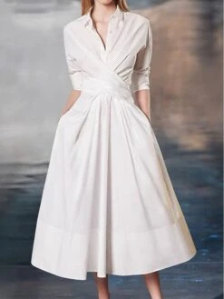 Women's Casual Dress Cotton Linen Dress Swing Dress Midi Dress Cotton Blend Fashion Modern Outdoor Daily Shirt Collar Button Pocket Half Sleeve Summer Spring Fall 2023 Regular Fit Rose Red Plain S M