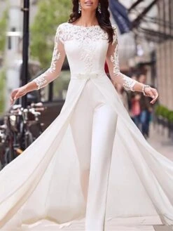 White Jumpsuit For Women Overlay Lace Solid Color Crew Neck Streetwear Wedding Party Regular Fit Long Sleeve S M L Summer Fall