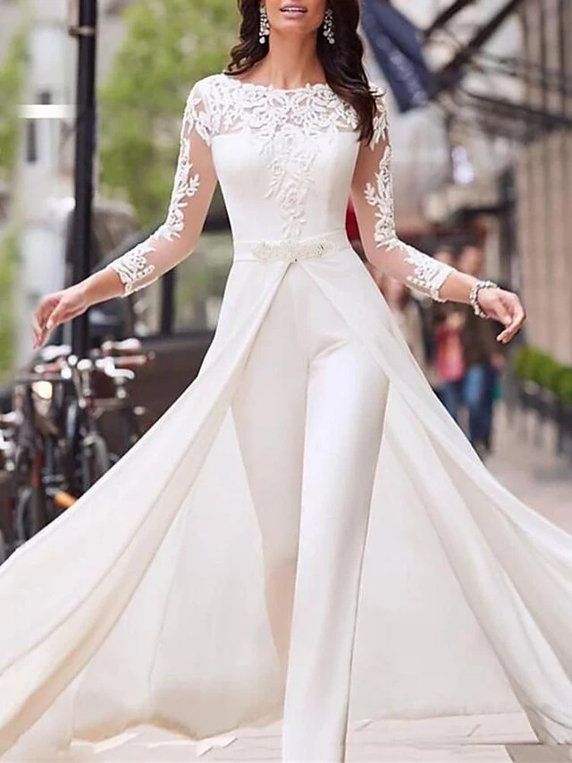 White Jumpsuit For Women Overlay Lace Solid Color Crew Neck Streetwear Wedding Party Regular Fit Long Sleeve S M L Summer Fall 1 White Jumpsuit For Women Overlay Lace Solid Color Crew Neck Streetwear Wedding Party Regular Fit Long Sleeve S M L Summer Fall