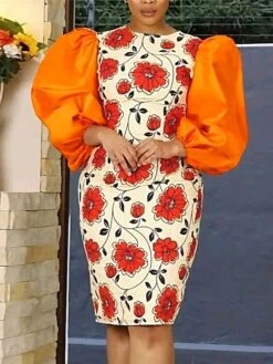 Women‘s Plus Size Curve Party Dress Cocktail Dress Wedding Guest Dress Midi Dress Orange 3/4 Length Sleeve Floral Print Spring Fall Winter Crew Neck Fashion Winter Dress Wedding Guest Vacation 2023