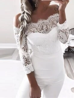 Women's Jumpsuit Lace High Waist Solid Color Off Shoulder Elegant Wedding Party Regular Fit Long Sleeve Black White Blue S M L Fall -Cheap Plus Fit Dress Store jddrca1692237306006