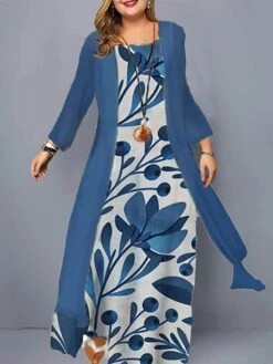 Women‘s Plus Size Curve Casual Dress Dress Set Two Piece Dress Floral Long Dress Maxi Dress 3/4 Length Sleeve Print Crew Neck Fashion Outdoor Wine Blue Summer Spring L XL XXL 3XL 4XL