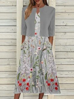 Women's Two Piece Dress Set Casual Dress Tank Dress Outdoor Daily Fashion Streetwear Pocket Print Midi Dress V Neck 3/4 Length Sleeve Floral Regular Fit Yellow Blue Fuchsia Summer Spring S M L XL XXL -Cheap Plus Fit Dress Store jdurdv1689736396362