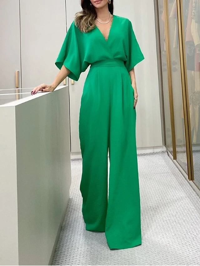 Women's Jumpsuit Backless High Waist Solid Color V Neck Business Office Work Regular Fit Half Sleeve Black Yellow Fuchsia S M L Summer 3 Women's Jumpsuit Backless High Waist Solid Color V Neck Business Office Work Regular Fit Half Sleeve Black Yellow Fuchsia S M L Summer - Image 3