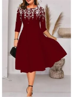 Women‘s Plus Size Curve A Line Dress Floral Crew Neck Print 3/4 Length Sleeve Spring Fall Elegant Casual Midi Dress Daily Vacation Dress 3D Print -Cheap Plus Fit Dress Store jdvhsz1661854835958