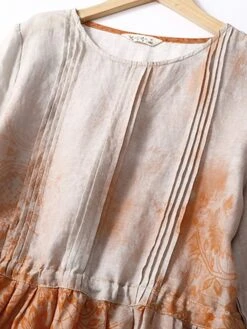 Women's Casual Dress Linen Dress Midi Dress Linen Fashion Romantic Outdoor Daily Holiday Crew Neck Pocket Print 3/4 Length Sleeve Fall Winter Autumn 2023 Loose Fit Blue Orange Painting Flower M L XL -Cheap Plus Fit Dress Store jebcxm1694418652699