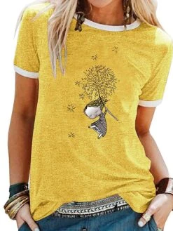 Women's T Shirt Tee 100% Cotton Black White Yellow Graphic Prints Patchwork Print Short Sleeve Daily Weekend Basic Round Neck Regular S -Cheap Plus Fit Dress Store jeibsn1618219374562