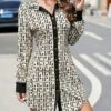 Women's Shirt Dress Casual Dress Sheath Dress Mini Dress Outdoor Daily Date Cotton Polyester Fashion Modern Shirt Collar Patchwork Button Long Sleeve Fall 2023 Regular Fit Blue Khaki Letter S M L XL
