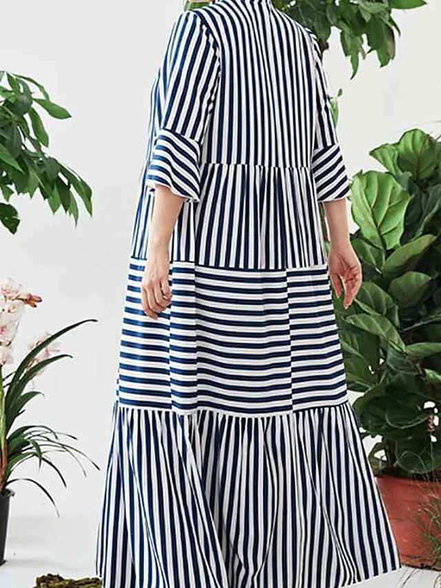 Women's Shirt Dress Casual Dress Maxi Long Dress Outdoor Daily Date Cotton Polyester Fashion Basic Stand Collar Patchwork Button Long Sleeve Fall 2023 Loose Fit Blue Striped L XL 2XL 3XL 4XL 5 Women's Shirt Dress Casual Dress Maxi Long Dress Outdoor Daily Date Cotton Polyester Fashion Basic Stand Collar Patchwork Button Long Sleeve Fall 2023 Loose Fit Blue Striped L XL 2XL 3XL 4XL - Image 5