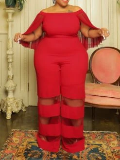 Women's Jumpsuit Mesh Patchwork Solid Color Off Shoulder Elegant Party Office Regular Fit 3/4 Length Sleeve Black Red Blue XL XXL 3XL Summer 18 Women's Jumpsuit Mesh Patchwork Solid Color Off Shoulder Elegant Party Office Regular Fit 3/4 Length Sleeve Black Red Blue XL XXL 3XL Summer -Cheap Plus Fit Dress Store jewixy1677496097477