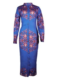 Women's Shirt Dress Casual Dress Bodycon Midi Dress Outdoor Office Daily Polyester Fashion Romantic Stand Collar Button Print Long Sleeve Summer Spring Fall 2023 Slim Blue Khaki Floral S M L XL 2XL -Cheap Plus Fit Dress Store jfegyx1689227631743