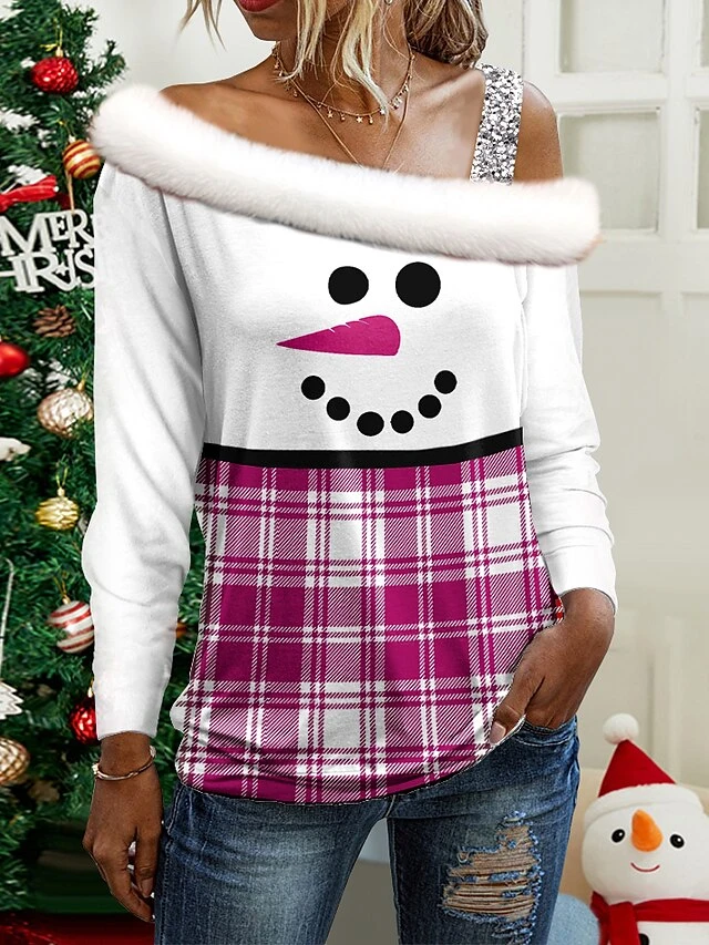 Women's Blouse Christmas Shirt Pink Red Blue Plaid Snowman Print Long Sleeve Christmas Casual Festival / Holiday Fur Collar Regular Fit Spring &Fall 4 Women's Blouse Christmas Shirt Pink Red Blue Plaid Snowman Print Long Sleeve Christmas Casual Festival / Holiday Fur Collar Regular Fit Spring &Fall - Image 4