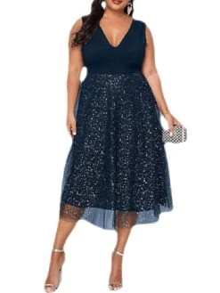 Women‘s Plus Size Curve Party Dress Solid Color V Neck Mesh Sleeveless Spring Fall Elegant Sexy Sequins Prom Dress Midi Dress Formal Party Dress Sequin Dress Homecoming Dress Print -Cheap Plus Fit Dress Store jfjzih1648866250794