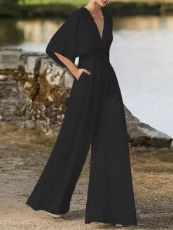 Jumpsuits For Women Dressy Pocket High Waist Solid Color V Neck Elegant Party Business Regular Fit 3/4 Length Sleeve Black White Pink S M L SummerFall 10 Jumpsuits For Women Dressy Pocket High Waist Solid Color V Neck Elegant Party Business Regular Fit 3/4 Length Sleeve Black White Pink S M L SummerFall -Cheap Plus Fit Dress Store jfnpps1674961989526