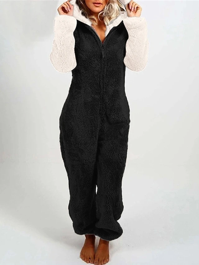 Women‘s Jumpsuit Patchwork Color Block Hooded Pink Fall Winter Streetwear Home Daily Loose Fit Long Sleeve Black White S M L 3 Women‘s Jumpsuit Patchwork Color Block Hooded Pink Fall Winter Streetwear Home Daily Loose Fit Long Sleeve Black White S M L - Image 3