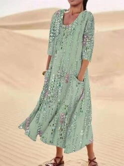 Women's Casual Dress Cotton Linen Dress Midi Dress Polyester Fashion Casual Daily Outdoor Daily Vacation Crew Neck Pocket Print Half Sleeve Summer Spring Fall 2023 Loose Fit ArmyGreen White Red Leaf -Cheap Plus Fit Dress Store jgbxsw1690365370530