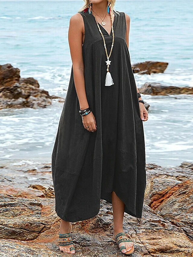 Women's Casual Dress Cotton Dress Swing Dress Maxi Long Dress Cotton Blend Basic Classic Outdoor Daily V Neck Pocket Sleeveless Summer Spring 2023 Regular Fit Black Wine Khaki Plain S M L XL 2XL 7 Women's Casual Dress Cotton Dress Swing Dress Maxi Long Dress Cotton Blend Basic Classic Outdoor Daily V Neck Pocket Sleeveless Summer Spring 2023 Regular Fit Black Wine Khaki Plain S M L XL 2XL - Image 7