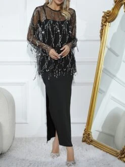 Women's Two Piece Dress Set Party Dress Sheath Dress Party Wedding Guest Fashion Party Mesh Split Long Dress Maxi Dress Crew Neck Long Sleeve Plain Loose Fit Black Fall Winter S M L XL XXL -Cheap Plus Fit Dress Store jgoimd1696926219342