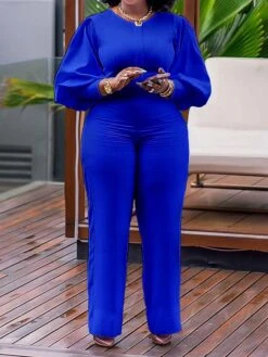 Women's Jumpsuit High Waist Solid Color Round Neck Active Daily Vacation Wide Leg Slim Long Sleeve Puff Balloon Sleeve Black Pink Blue S M L Fall -Cheap Plus Fit Dress Store jgrztb1696731541665