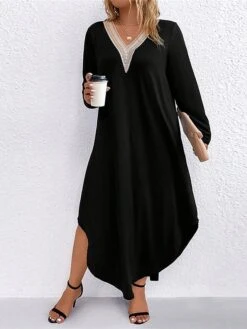 Women's Plus Size Curve Casual Dress Swing Dress Black Dress Color Block Midi Dress Long Sleeve Patchwork Asymmetric V Neck Fashion Outdoor Black Fall Winter XL XXL 3XL -Cheap Plus Fit Dress Store jgwgru1694660805274