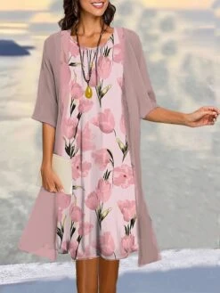 Women's Two Piece Dress Set Casual Dress Daily Vacation Modern Casual Print Midi Dress Crew Neck Half Sleeve Graphic Floral Loose Fit Pink Summer Spring S M L XL XXL
