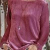 Women's T Shirt Tee Velvet Black Pink Blue Plain Long Sleeve Daily Weekend Basic Round Neck Regular Fit Fall & Winter
