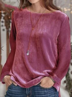 Women's T Shirt Tee Velvet Black Pink Blue Plain Long Sleeve Daily Weekend Basic Round Neck Regular Fit Fall & Winter