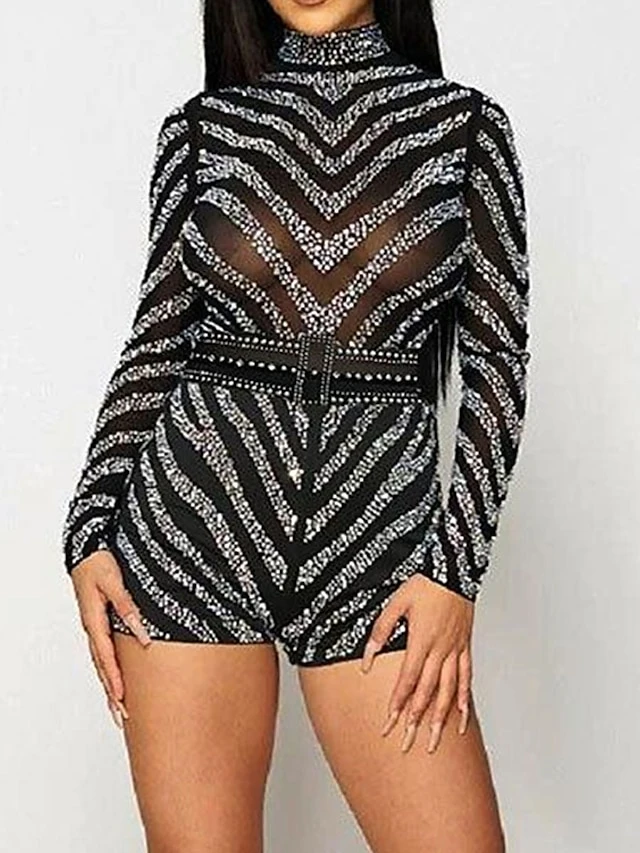 Women's Romper Mesh Beaded Solid Color Stand Collar Active Street Going Out Regular Fit Long Sleeve Black S M L Fall 2 Women's Romper Mesh Beaded Solid Color Stand Collar Active Street Going Out Regular Fit Long Sleeve Black S M L Fall - Image 2