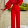 Women's Jumpsuit Flower Lace Solid Color Crew Neck Formal Birthday Party Christmas Evening Straight Regular Fit Long Sleeve Bishop Sleeve Red S M L Fall Cold Weather