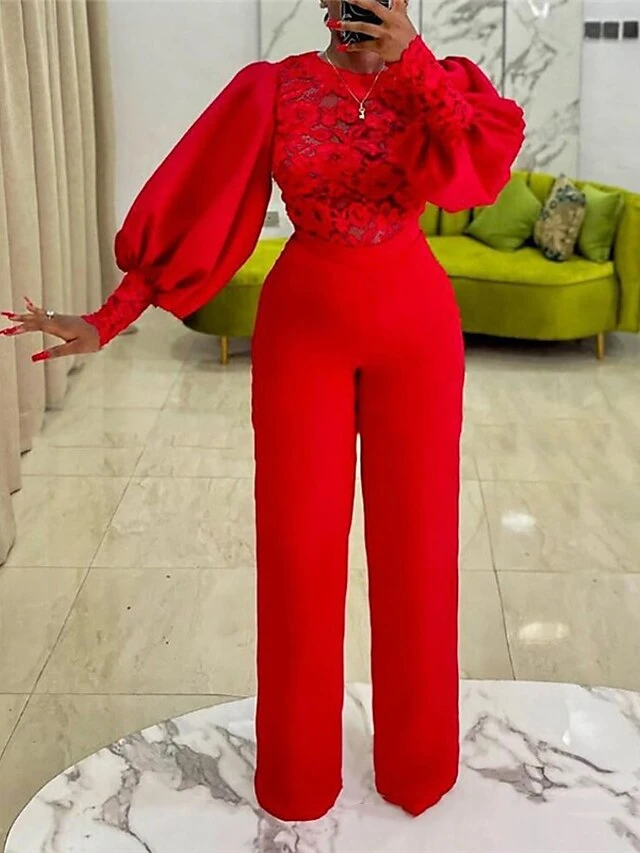Women's Jumpsuit Flower Lace Solid Color Crew Neck Formal Birthday Party Christmas Evening Straight Regular Fit Long Sleeve Bishop Sleeve Red S M L Fall Cold Weather 1 Women's Jumpsuit Flower Lace Solid Color Crew Neck Formal Birthday Party Christmas Evening Straight Regular Fit Long Sleeve Bishop Sleeve Red S M L Fall Cold Weather