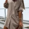 Women's Shirt Blouse Linen White Blue Khaki Plain Button Pocket Long Sleeve Casual Holiday Vacation Fashion Shirt Collar Regular Fit Spring &Fall