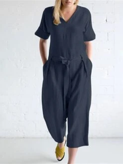 Women's Jumpsuit Lace Up Patch Pocket Solid Color V Neck Streetwear Street Daily Regular Fit Short Sleeve Black White Navy Blue S M L Summer -Cheap Plus Fit Dress Store jiavxe1689920021955